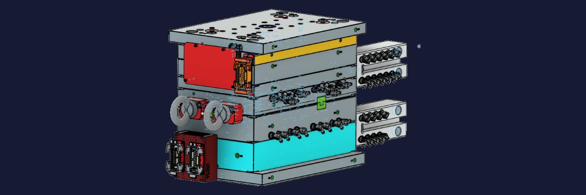 Modelo 3D de um molde completo: placas, refrigeração, cilindros e conexões de água