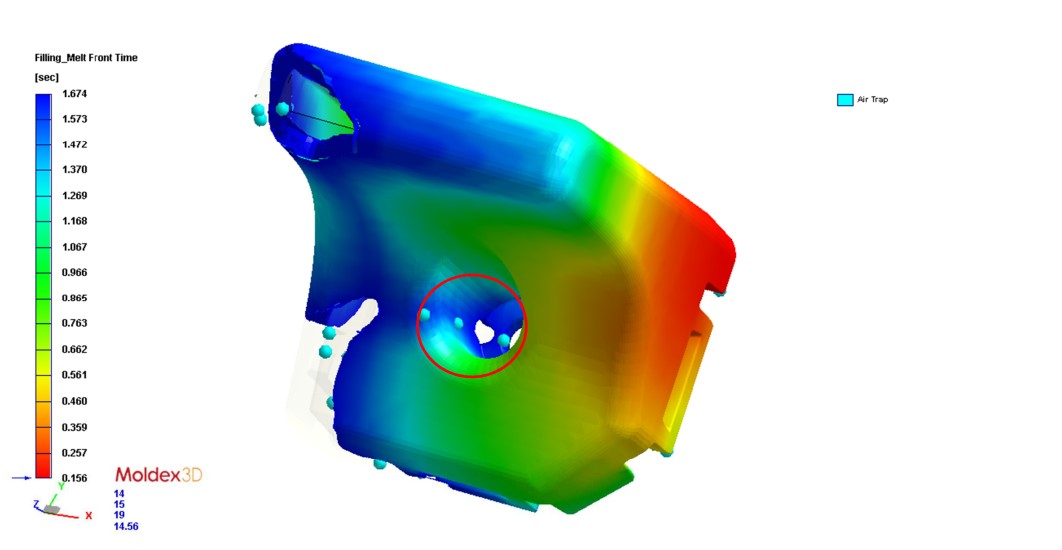 Análise de preenchimento no Moldex3D: frente de fluxo em cores e bolsa de gases marcada na peça